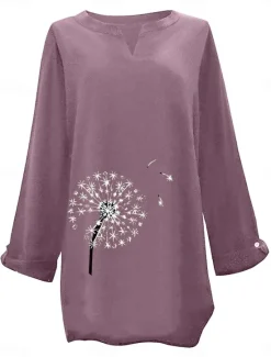 New Women's Cotton Linen Shirts Floral Basic Casual Long Sleeve Shirt Collar Regular Tops Daily Print Pink Navy Blue Fuchsia Green Summer Fall Women Shirts