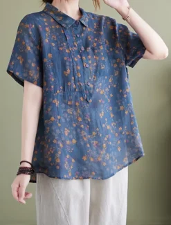 Hot Women's Cotton Linen Shirts Floral Basic Casual Short Sleeve Shirt Collar Regular Tops Daily Buttons Print Blue Green Summer Women Shirts