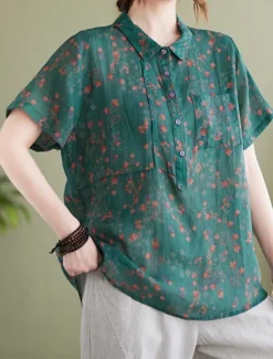 Hot Women's Cotton Linen Shirts Floral Basic Casual Short Sleeve Shirt Collar Regular Tops Daily Buttons Print Blue Green Summer Women Shirts