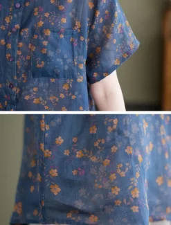 Hot Women's Cotton Linen Shirts Floral Basic Casual Short Sleeve Shirt Collar Regular Tops Daily Buttons Print Blue Green Summer Women Shirts