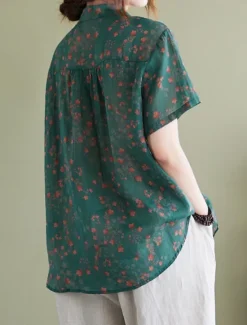 Hot Women's Cotton Linen Shirts Floral Basic Casual Short Sleeve Shirt Collar Regular Tops Daily Buttons Print Blue Green Summer Women Shirts