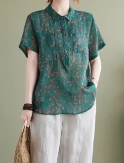 Hot Women's Cotton Linen Shirts Floral Basic Casual Short Sleeve Shirt Collar Regular Tops Daily Buttons Print Blue Green Summer Women Shirts