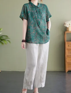 Hot Women's Cotton Linen Shirts Floral Basic Casual Short Sleeve Shirt Collar Regular Tops Daily Buttons Print Blue Green Summer Women Shirts