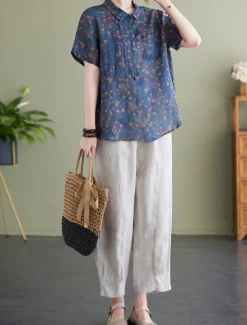 Hot Women's Cotton Linen Shirts Floral Basic Casual Short Sleeve Shirt Collar Regular Tops Daily Buttons Print Blue Green Summer Women Shirts