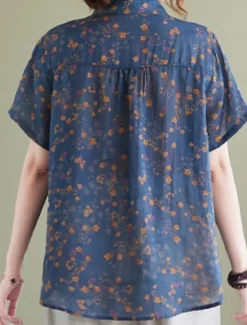 Hot Women's Cotton Linen Shirts Floral Basic Casual Short Sleeve Shirt Collar Regular Tops Daily Buttons Print Blue Green Summer Women Shirts