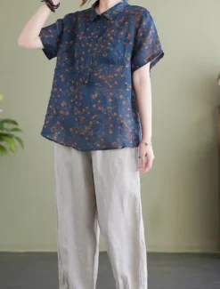 Hot Women's Cotton Linen Shirts Floral Basic Casual Short Sleeve Shirt Collar Regular Tops Daily Buttons Print Blue Green Summer Women Shirts