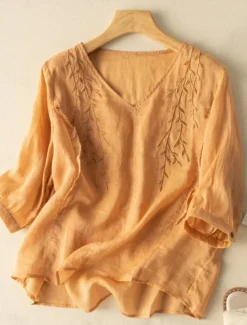 Clearance Women's Cotton Linen Shirt Floral Basic Ethnic Casual 3/4 Length Sleeve V Neck Regular Tops Daily Embroidered Yellow Navy Blue Purple Orange Apricot Summer Women Shirts