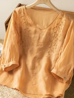 Clearance Women's Cotton Linen Shirt Floral Basic Ethnic Casual 3/4 Length Sleeve V Neck Regular Tops Daily Embroidered Yellow Navy Blue Purple Orange Apricot Summer Women Shirts
