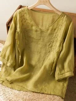Clearance Women's Cotton Linen Shirt Floral Basic Ethnic Casual 3/4 Length Sleeve V Neck Regular Tops Daily Embroidered Yellow Navy Blue Purple Orange Apricot Summer Women Shirts
