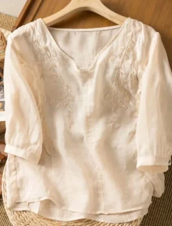 Clearance Women's Cotton Linen Shirt Floral Basic Ethnic Casual 3/4 Length Sleeve V Neck Regular Tops Daily Embroidered Yellow Navy Blue Purple Orange Apricot Summer Women Shirts