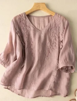 Clearance Women's Cotton Linen Shirt Floral Basic Ethnic Casual 3/4 Length Sleeve V Neck Regular Tops Daily Embroidered Yellow Navy Blue Purple Orange Apricot Summer Women Shirts