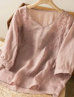Clearance Women's Cotton Linen Shirt Floral Basic Ethnic Casual 3/4 Length Sleeve V Neck Regular Tops Daily Embroidered Yellow Navy Blue Purple Orange Apricot Summer Women Shirts