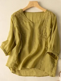 Clearance Women's Cotton Linen Shirt Floral Basic Ethnic Casual 3/4 Length Sleeve V Neck Regular Tops Daily Embroidered Yellow Navy Blue Purple Orange Apricot Summer Women Shirts
