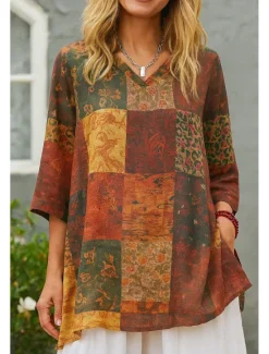 Outlet Women's Cotton Linen Shirts Floral Graphic Bohemia Stylish Basic 3/4 Length Sleeve V Neck Regular Tops Daily Print Red Green Summer Spring Women Shirts