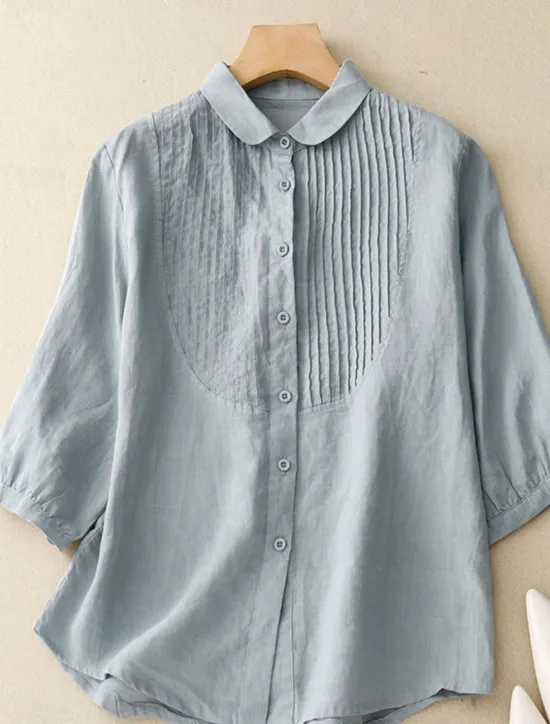 Outlet Women's Cotton Linen Shirts Solid Color Stylish Basic Casual 3/4 Length Sleeve Shirt Collar Regular Tops Daily Buttons White Pink Light Blue Summer Women Shirts