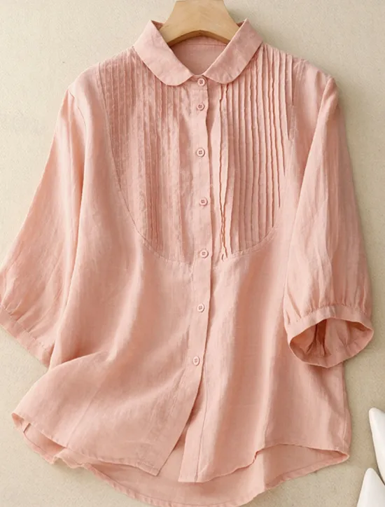 Outlet Women's Cotton Linen Shirts Solid Color Stylish Basic Casual 3/4 Length Sleeve Shirt Collar Regular Tops Daily Buttons White Pink Light Blue Summer Women Shirts