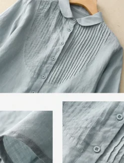 Outlet Women's Cotton Linen Shirts Solid Color Stylish Basic Casual 3/4 Length Sleeve Shirt Collar Regular Tops Daily Buttons White Pink Light Blue Summer Women Shirts
