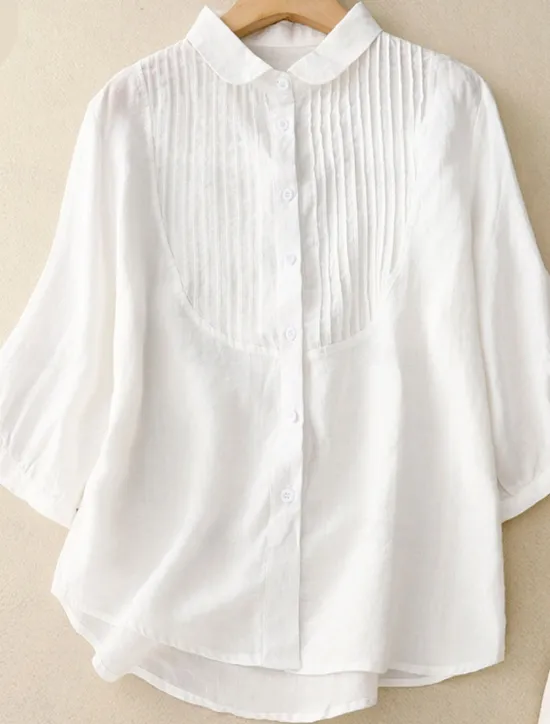 Outlet Women's Cotton Linen Shirts Solid Color Stylish Basic Casual 3/4 Length Sleeve Shirt Collar Regular Tops Daily Buttons White Pink Light Blue Summer Women Shirts