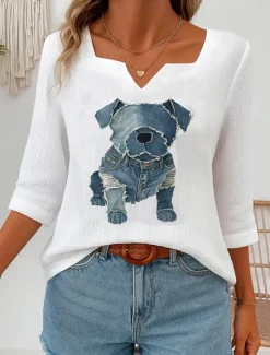 Best Women's Cotton Linen Shirts Graphic Animal Vintage Tropical Stylish 3/4 Length Sleeve Asymmetrical Regular Tops Daily Holiday White Blue Summer Spring Women Shirts