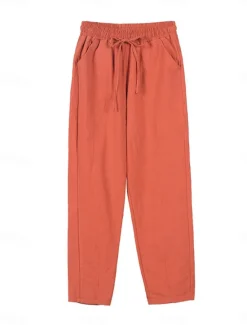 Sale Women's Cotton Linen Shorts Linen-Inspired Pants Cotton Linen Pants Streetwear Simple Casual Long Mid Waist Plain Pocket Drawstring Baggy Breathable Soft Outdoor Micro-elastic Outdoor Vacation Casual Women Pants