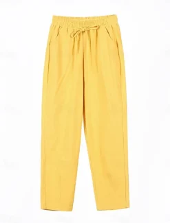 Sale Women's Cotton Linen Shorts Linen-Inspired Pants Cotton Linen Pants Streetwear Simple Casual Long Mid Waist Plain Pocket Drawstring Baggy Breathable Soft Outdoor Micro-elastic Outdoor Vacation Casual Women Pants