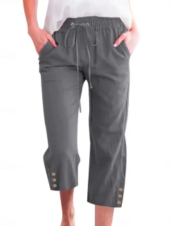 Online Women's Cotton Linen Shorts Linen-Inspired Pants Cotton Linen Pants Fashion Streetwear Basic Calf-Length Medium Waist Plain Pocket Elastic Waistband Comfort Outdoor Micro-elastic Vacation Street Daily Women Pants