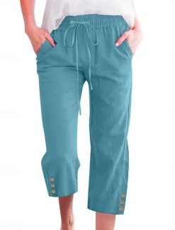 Online Women's Cotton Linen Shorts Linen-Inspired Pants Cotton Linen Pants Fashion Streetwear Basic Calf-Length Medium Waist Plain Pocket Elastic Waistband Comfort Outdoor Micro-elastic Vacation Street Daily Women Pants