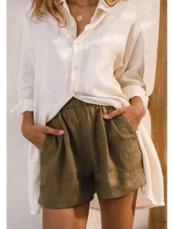 Best Women's Cotton Linen Shorts Shorts Slacks Fashion Streetwear Short Natural Plain Pocket Elastic Waist Comfy Comfortable Daily Wear Going out Black Army Green Beige Summer Regular Fit Women Pants