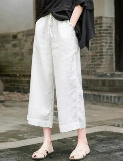 Outlet Women's Cotton Linen Shorts Linen-Inspired Pants Cotton Linen Pants Fashion Streetwear Basic Ankle-Length Medium Waist Plain Pocket Drawstring Comfort Outdoor Micro-elastic Vacation Street Daily rice Women Pants