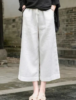 Outlet Women's Cotton Linen Shorts Linen-Inspired Pants Cotton Linen Pants Fashion Streetwear Basic Ankle-Length Medium Waist Plain Pocket Drawstring Comfort Outdoor Micro-elastic Vacation Street Daily rice Women Pants