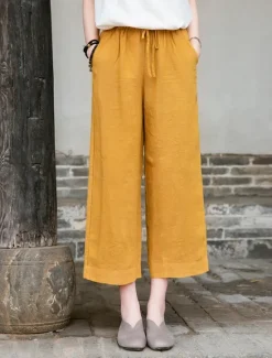 Outlet Women's Cotton Linen Shorts Linen-Inspired Pants Cotton Linen Pants Fashion Streetwear Basic Ankle-Length Medium Waist Plain Pocket Drawstring Comfort Outdoor Micro-elastic Vacation Street Daily rice Women Pants