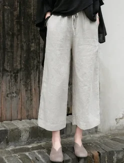 Outlet Women's Cotton Linen Shorts Linen-Inspired Pants Cotton Linen Pants Fashion Streetwear Basic Ankle-Length Medium Waist Plain Pocket Drawstring Comfort Outdoor Micro-elastic Vacation Street Daily rice Women Pants
