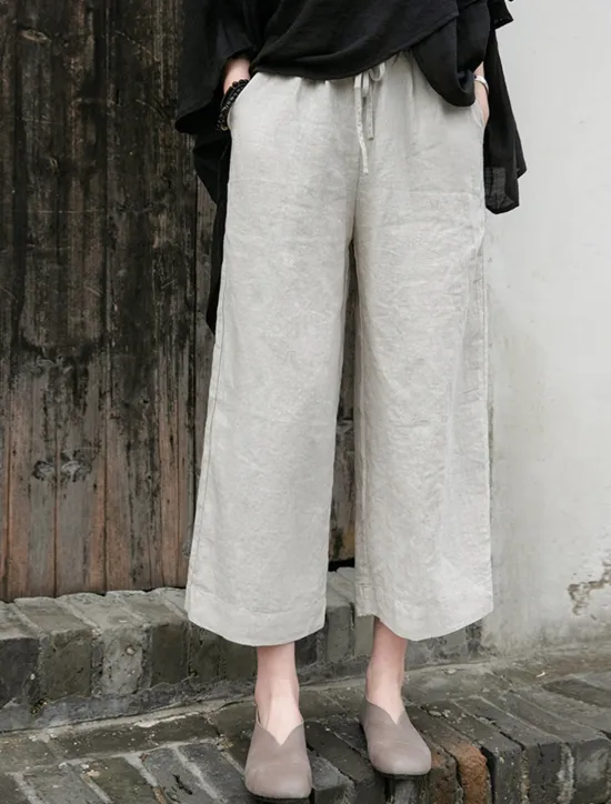 Outlet Women's Cotton Linen Shorts Linen-Inspired Pants Cotton Linen Pants Fashion Streetwear Basic Ankle-Length Medium Waist Plain Pocket Drawstring Comfort Outdoor Micro-elastic Vacation Street Daily rice Women Pants