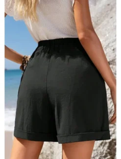 Women's Cotton Linen Shorts Shorts Slacks Casual Short Natural Plain Pocket Elastic Drawstring Design Breathability Soft Micro-elastic Street Daily Wear Grey Summer Regular Fit Women Pants