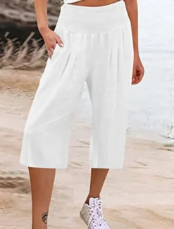 Outlet Women's Cotton Linen Shorts Linen-Inspired Pants Cotton Linen Pants Fashion Streetwear Basic Calf-Length High Waist Plain Pocket Elastic Waistband Comfort Outdoor Micro-elastic Vacation Street Daily Women Pants