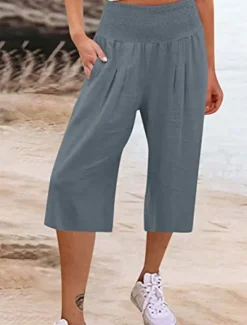 Outlet Women's Cotton Linen Shorts Linen-Inspired Pants Cotton Linen Pants Fashion Streetwear Basic Calf-Length High Waist Plain Pocket Elastic Waistband Comfort Outdoor Micro-elastic Vacation Street Daily Women Pants