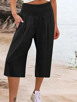Outlet Women's Cotton Linen Shorts Linen-Inspired Pants Cotton Linen Pants Fashion Streetwear Basic Calf-Length High Waist Plain Pocket Elastic Waistband Comfort Outdoor Micro-elastic Vacation Street Daily Women Pants