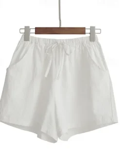 Women's Cotton Linen Shorts Shorts Slacks Streetwear Casual Short Natural Plain Pocket Elastic Drawstring Design Comfy Comfortable Vacation Street carmine Forest Green Light Sky Blue Grey Summer Women Pants