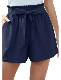 Online Women's Cotton Linen Shorts Linen-Inspired Pants Cotton Linen Pants Streetwear Casual Short Natural Plain Pocket Elastic Waist Breathability Soft Micro-elastic Casual Streetwear Navy Lake Blue Black Women Pants