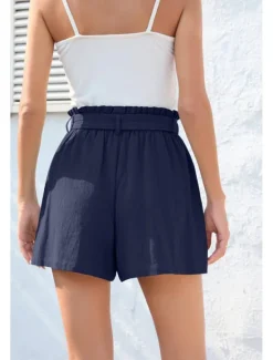 Online Women's Cotton Linen Shorts Linen-Inspired Pants Cotton Linen Pants Streetwear Casual Short Natural Plain Pocket Elastic Waist Breathability Soft Micro-elastic Casual Streetwear Navy Lake Blue Black Women Pants