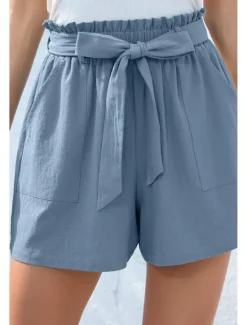 Online Women's Cotton Linen Shorts Linen-Inspired Pants Cotton Linen Pants Streetwear Casual Short Natural Plain Pocket Elastic Waist Breathability Soft Micro-elastic Casual Streetwear Navy Lake Blue Black Women Pants