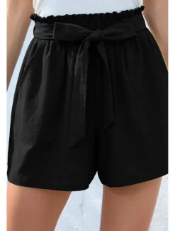 Online Women's Cotton Linen Shorts Linen-Inspired Pants Cotton Linen Pants Streetwear Casual Short Natural Plain Pocket Elastic Waist Breathability Soft Micro-elastic Casual Streetwear Navy Lake Blue Black Women Pants