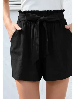 Online Women's Cotton Linen Shorts Linen-Inspired Pants Cotton Linen Pants Streetwear Casual Short Natural Plain Pocket Elastic Waist Breathability Soft Micro-elastic Casual Streetwear Navy Lake Blue Black Women Pants