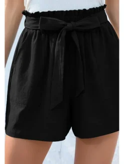 Online Women's Cotton Linen Shorts Linen-Inspired Pants Cotton Linen Pants Streetwear Casual Short Natural Plain Pocket Elastic Waist Breathability Soft Micro-elastic Casual Streetwear Navy Lake Blue Black Women Pants