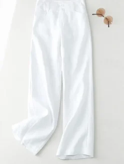 Outlet Women's Cotton Linen Shorts Linen-Inspired Pants Cotton Linen Pants Streetwear Casual Full Length Natural Plain Pocket Buckle Comfy Comfortable Street Going out Apricot Black White Dark Navy Summer Women Pants