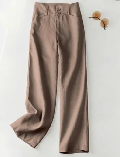 Outlet Women's Cotton Linen Shorts Linen-Inspired Pants Cotton Linen Pants Streetwear Casual Full Length Natural Plain Pocket Buckle Comfy Comfortable Street Going out Apricot Black White Dark Navy Summer Women Pants