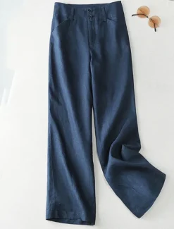 Outlet Women's Cotton Linen Shorts Linen-Inspired Pants Cotton Linen Pants Streetwear Casual Full Length Natural Plain Pocket Buckle Comfy Comfortable Street Going out Apricot Black White Dark Navy Summer Women Pants