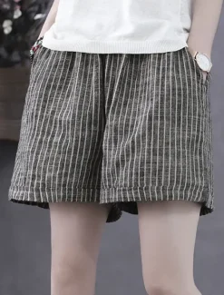 Sale Women's Cotton Linen Shorts Bermuda shorts Fashion Basic Casual Short High Waist Striped Side Pockets Baggy Comfort Inelastic Vacation Street Casual Daily Regular Fit Women Pants