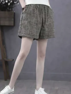 Sale Women's Cotton Linen Shorts Bermuda shorts Fashion Basic Casual Short High Waist Striped Side Pockets Baggy Comfort Inelastic Vacation Street Casual Daily Regular Fit Women Pants