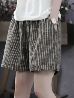 Sale Women's Cotton Linen Shorts Bermuda shorts Fashion Basic Casual Short High Waist Striped Side Pockets Baggy Comfort Inelastic Vacation Street Casual Daily Regular Fit Women Pants